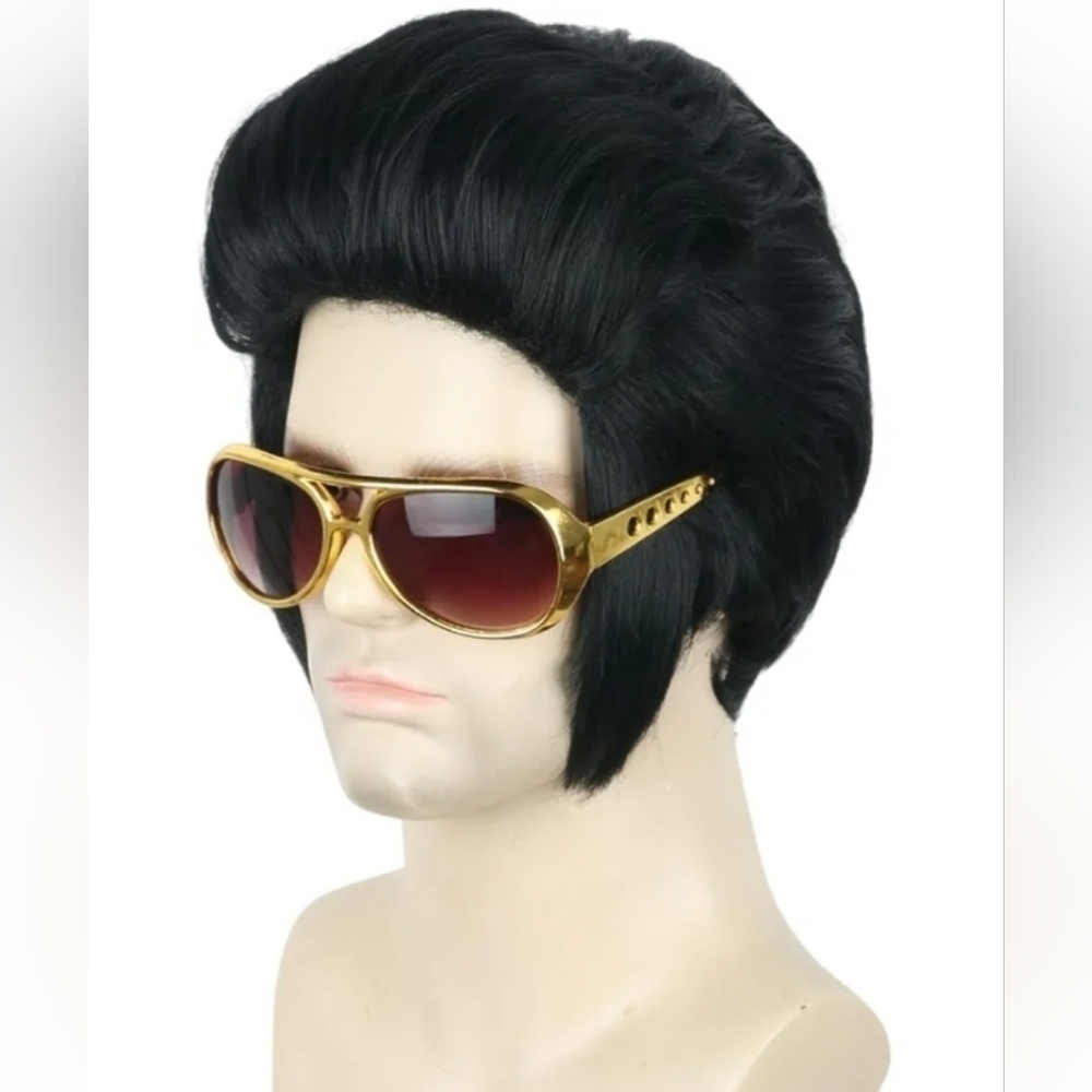 Elvis Black Wig with Gold Sunglasses- HALLOWEEN
